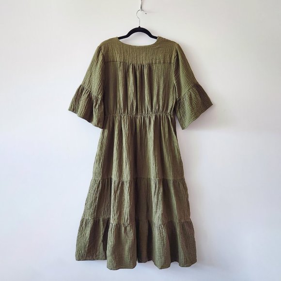 Chelsea and Theodore Moss Green 100% Cotton Double Gauze Midi Dress Size L - Picture 7 of 17